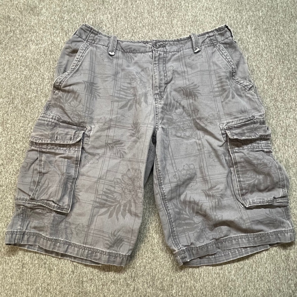 Arizona Jean Co Mens Cargo Shorts 34 Gray Tropical Floral Plaid Cotton Canvas